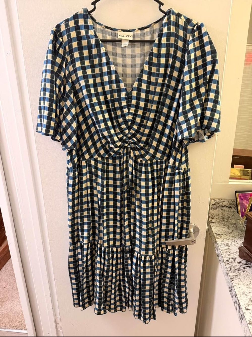 Ava & Viv Navy and White Gingham V-Neck Tiered Dress